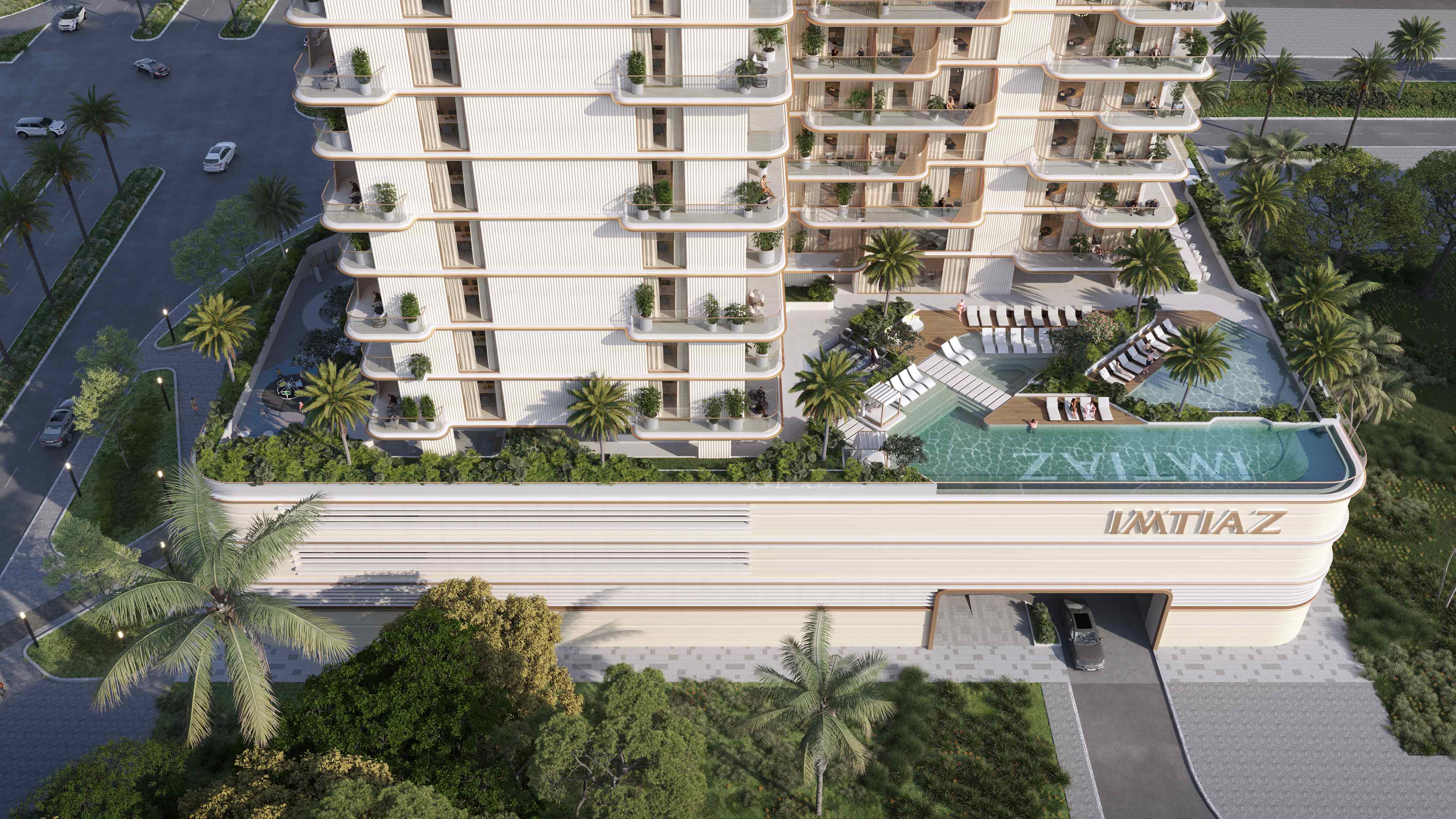 Sunset Bay Grand By Imtiaz A modern building with balconies, a pool area, and lush greenery surrounds it, set against a clear sky.